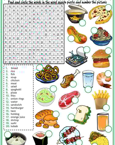 food and drinks vocabulary esl word search puzzle worksheets for kids