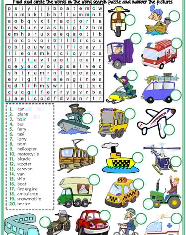 means of transport vocabulary esl word search puzzle worksheet for kids