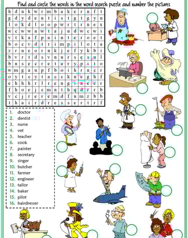 occupations vocabulary esl word search puzzle worksheets for kids