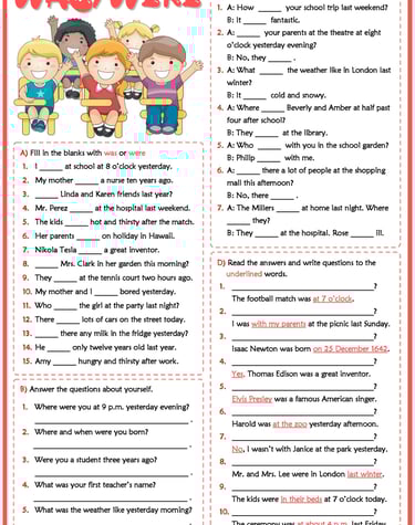 past simple tense was were esl printable grammar test worksheet