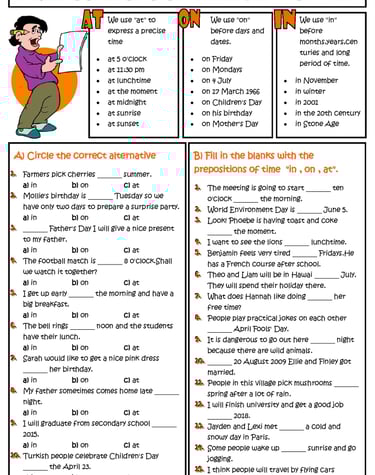 prepositions of time in on at esl grammar exercises worksheet