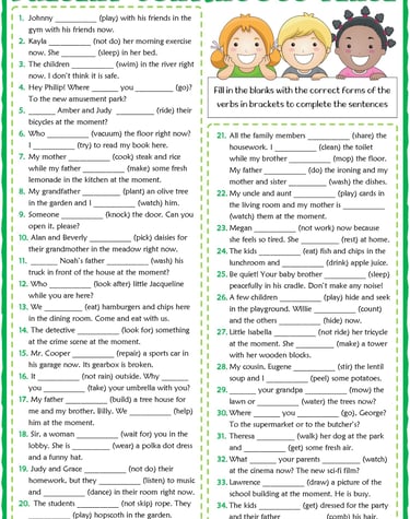 present continuous tense esl printable gap fill exercise worksheet