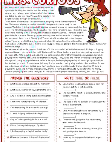 present continuous tense mrs curious esl reading comprehension exercises worksheets