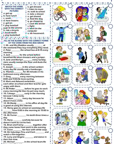 present simple daily routines esl printable gap fill exercise worksheet