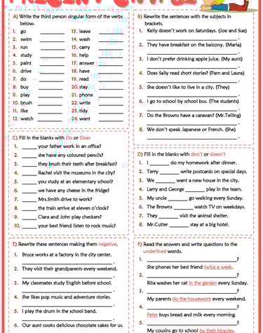 present simple tense esl printable grammar test worksheet