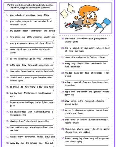 present simple tense esl printable word order exercise worksheet