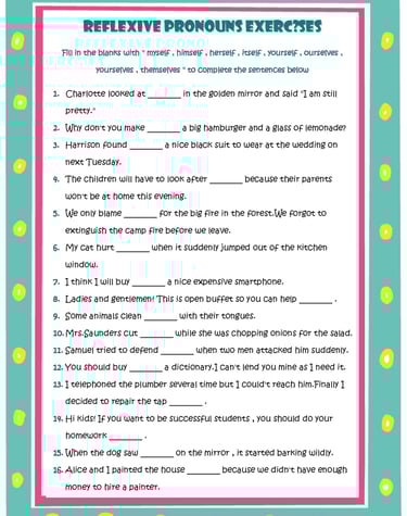 reflexive pronouns exercises esl grammar worksheet