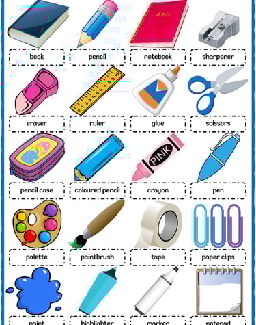 school supplies vocabulary esl picture dictionary worksheets for kids