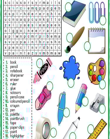 school supplies vocabulary esl word search puzzle worksheets for kids