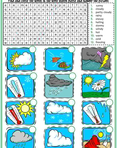 weather conditions vocabulary esl word search puzzle worksheet for kids