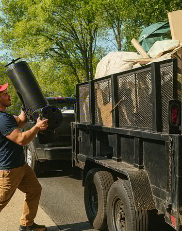a man is carrying a large black object in a truck