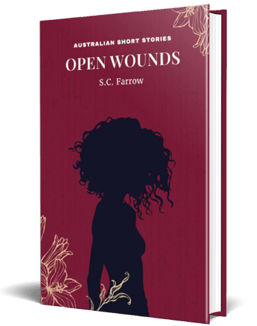 Crimson coloured book cover featuring the silhouette of a woman with wavy hair and pale-y line drawings of flowers