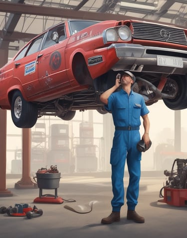 A dimly lit auto repair garage with two yellow cars, one on a lift and another below it. Various car parts, tools, and equipment are scattered around. A person is working at a desk on the right, while another person walks in the center. Shelves on the left are filled with tires and other items.