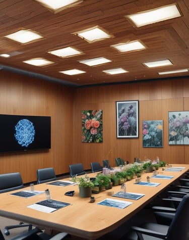 A conference room with a long wooden table surrounded by chairs covered in protective plastic. Multiple computer monitors are placed on tables against the walls, each displaying nature-themed images. The walls are lined with wood paneling, and a sign indicating a center for artificial intelligence is displayed at the front. There are decorative flower arrangements on the table, and the overall setup suggests a professional environment.
