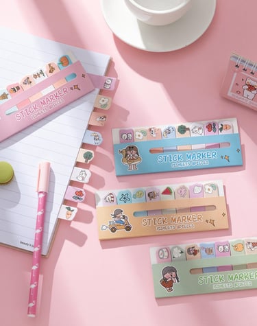 Set di stick marker kawaii adesivi, segnapagina colorati e decorativi per agende e libri