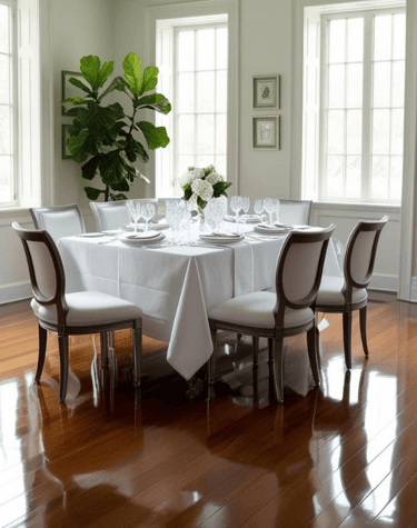 a table set for a formal dinner with white tablecloth