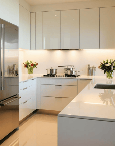 a kitchen with a stainless steel refrigerator and a large white counter