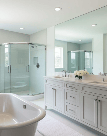 a bathroom with a tub tub and a large mirror