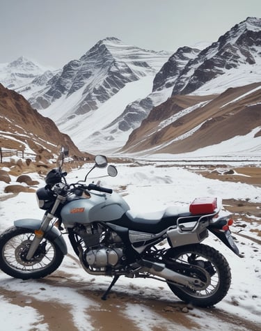 A modern adventure motorcycle is parked on a paved path with a grassy field and bare trees in the background. The motorcycle features knobby tires, protective guards, and a windscreen, indicating it is designed for off-road or touring use. The environment appears calm and quiet, with the scene set against a backdrop of rolling hills and scattered leafless trees.