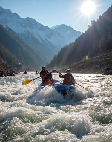 Thrilling white-water rafting on the Beas River in Manali, surrounded by stunning Himalayan views