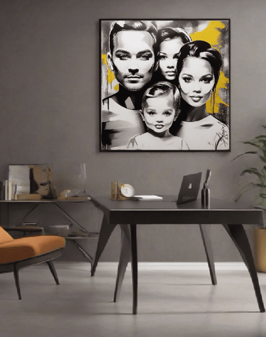 pintura de uma familia em uma sala de escritório.