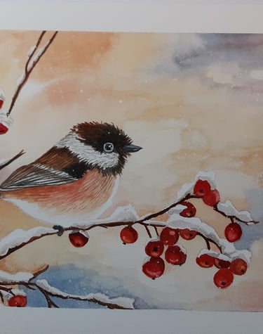 a watercolor painting of a Chickadee bird sitting on a branch with red berries in winter