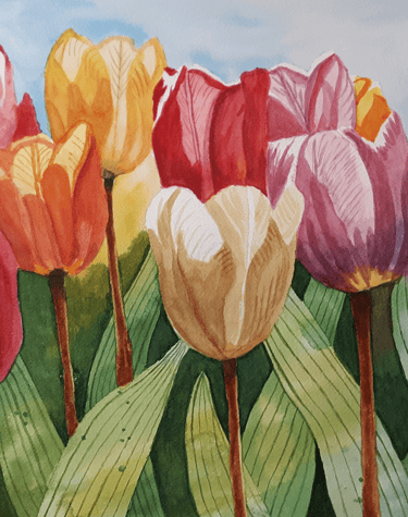 a watercolor painting of a bunch of tulips