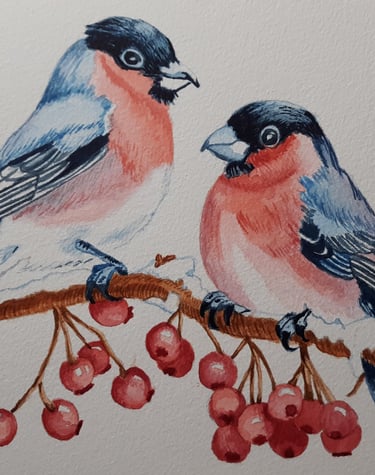a couple of Chickadee birds sitting on a branch with red berries in winter