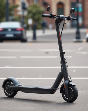 A red three-wheeled scooter with a large, weathered blue and brown storage box attached to the back. The scooter has a basket on the front, handlebars, and a cushioned seat. It is parked on a textured street surface, adjacent to a wooden fence and stone pavement.