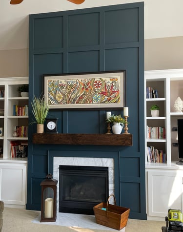 Board and Batten fireplace face with custom, faux distressed mantel.