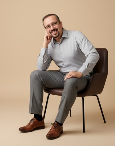 a man sitting on a chair with his hands on his chin