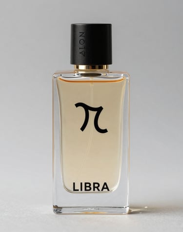 A black perfume bottle with a silver cap is placed on a textured tree stump surrounded by a natural setting. The background is blurred, showcasing green foliage, suggesting an outdoor environment.