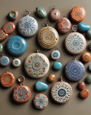 Handcrafted ceramic earrings with traditional motifs displayed on a rustic wooden surface