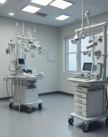 A medical device is positioned against a plain background. The machine features a screen displaying various icons and controls, likely for diagnostic purposes, and an apparatus for eye examination.