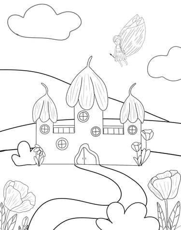 A fairy castle coloring page featuring a flying magical fairy, flowers, and a petal-roofed palace.