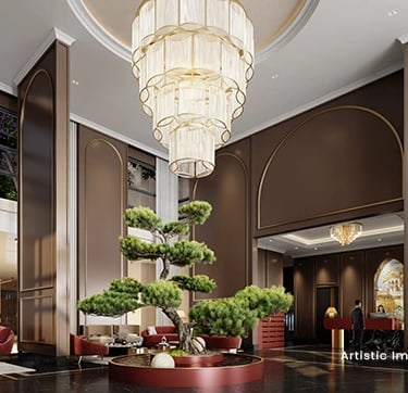 a large room with a large chandelier and a chandelier | Eternia Greater Noida West