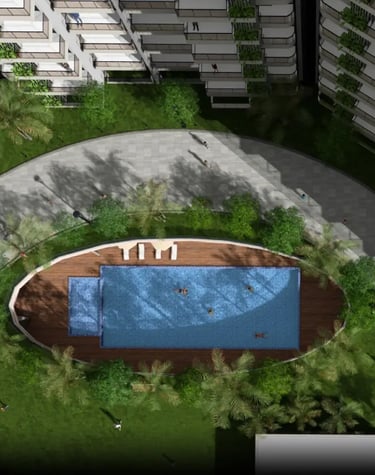 a swimming pool with a wooden deck and a wooden deck | Eternia Greater Noida West