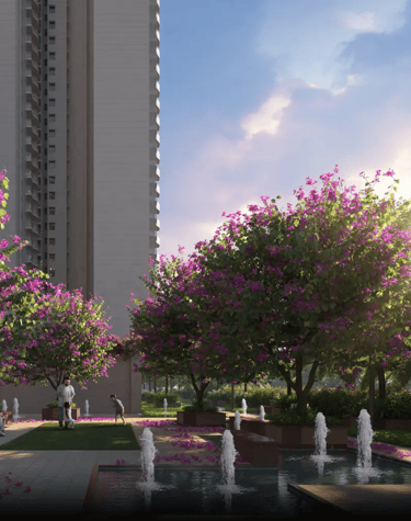 a fountain with water and trees in the background | Eternia Greater Noida West