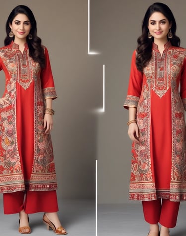 A model wearing a flowing pastel lawn suit in a garden.