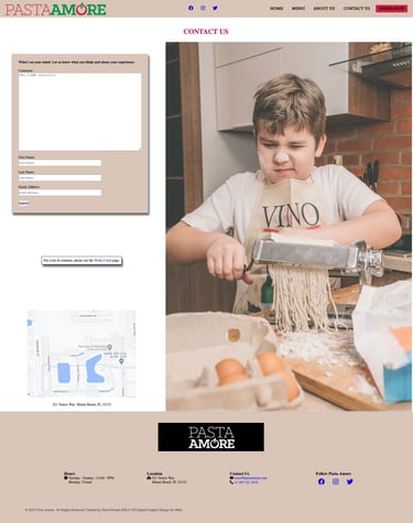 Contact Us webpage design featuring a boy making pasta in the kitchen, a contact form, and a location map.