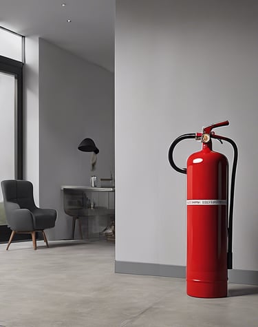 A close-up view of a fire extinguisher with a yellow inspection tag attached. The tag contains details about the service and inspection of the equipment. A pressure gauge is visible, indicating the operational status of the extinguisher. The background is a concrete wall with an electrical conduit running parallel to the extinguisher.