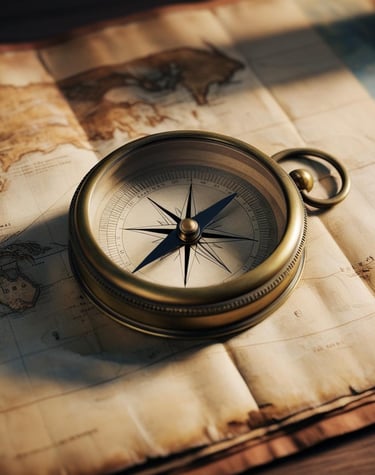 a compass rosette on a map of the world