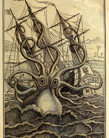 a large octopus attacking a ship in a large body of water