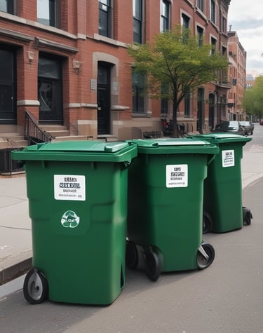 A street scene with several recycling bins, each designated for a specific type of waste, against a wall adorned with informational posters about recycling. In front of the bins is a cart filled with assorted materials such as cardboard, plastic, and other recyclables. Above, a stone wall and foliage are visible, and there are street signs with directional information.
