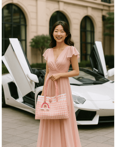 Tas anyaman jali jali pink handmade dari plastik daur ulang dipakai wanita dengan gaya elegan