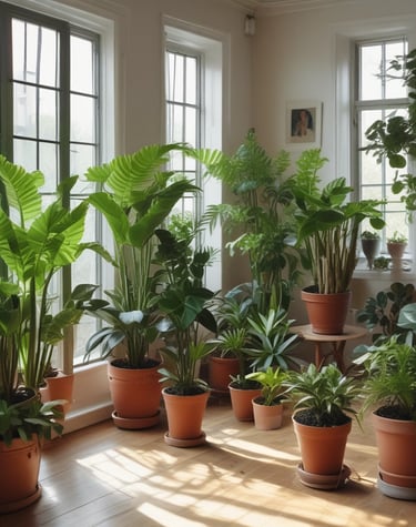 A well-maintained garden with a prominent green coniferous tree in the center, surrounded by various types of lush green bushes and trees. There is a beige dirt pathway curving through the right side and a small bench or structure on the left.