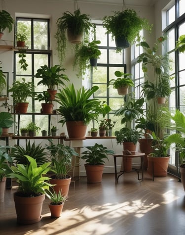 a room with a lot of potted plants
