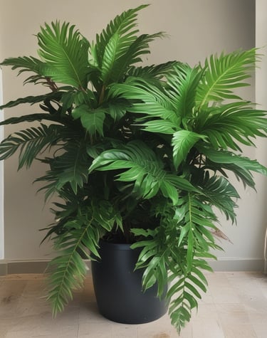 a planter with a large green plant in a room