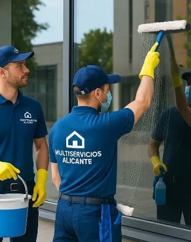 Dos trabajadores de multiservicio limpiando una cristalera de un comercio en la calle