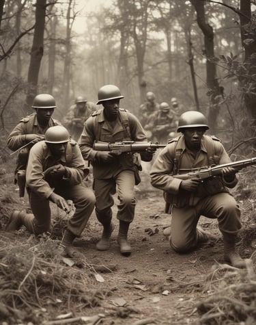 A group of soldiers in camouflage uniforms are tending to an injured comrade on a stretcher. The scene suggests a military exercise or a training environment, as the soldiers are actively engaged in care and communication.